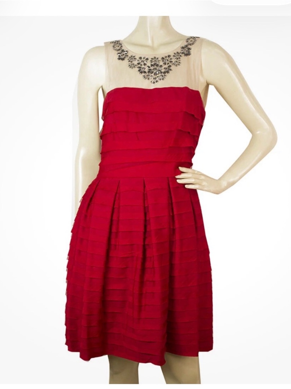 BCBG Max Adria sleeveless Red Tiered Cocktail Dress Embellished Illusion Neck